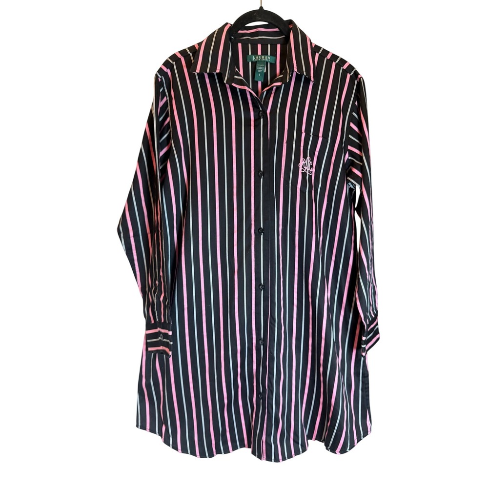 Lauren Ralph Lauren Sleep Shirt Womens S Black Pink Striped Cotton Nightshirt